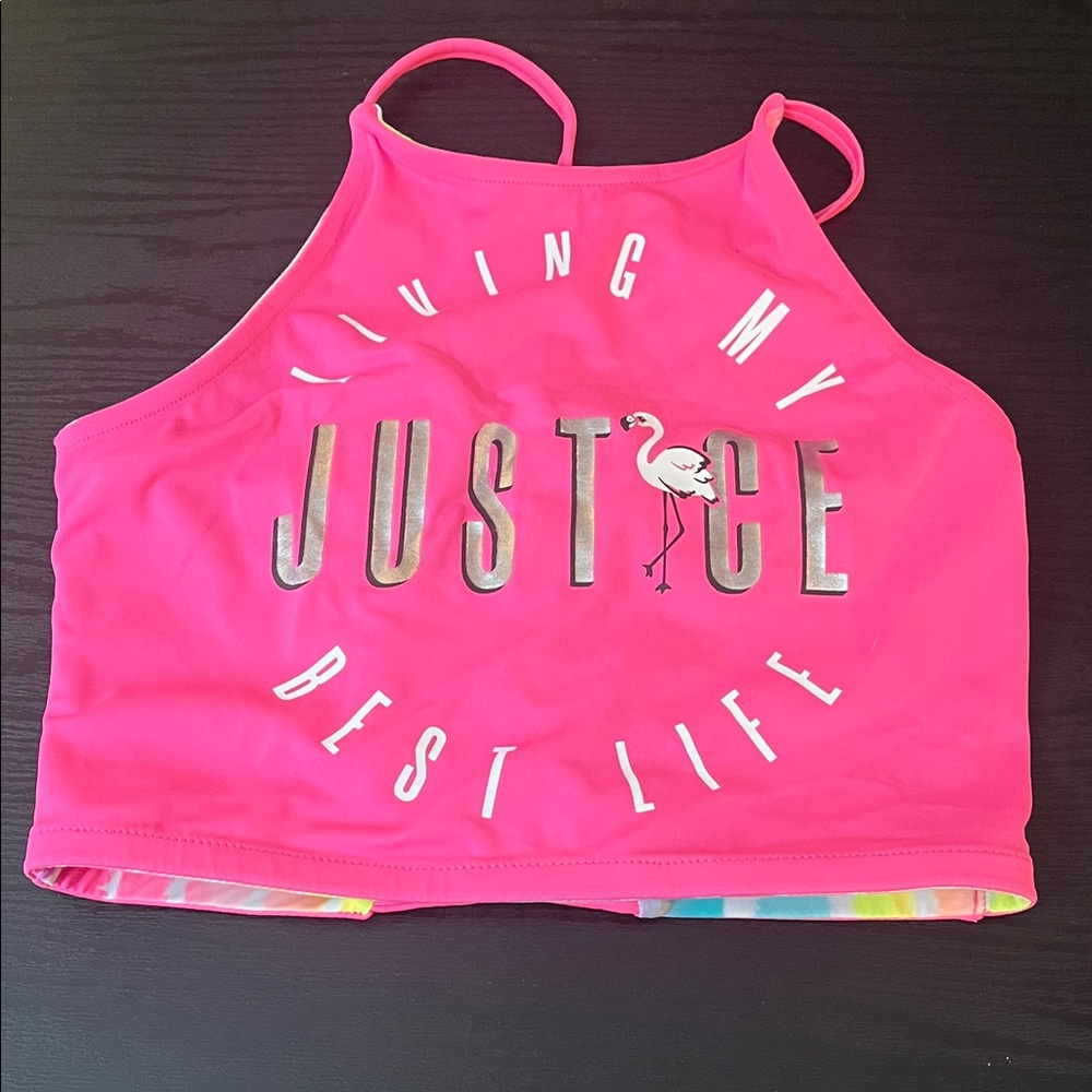 Justice Pink Tank Top with Silver Flamingo Design reversible to Rainbow Tie Dye